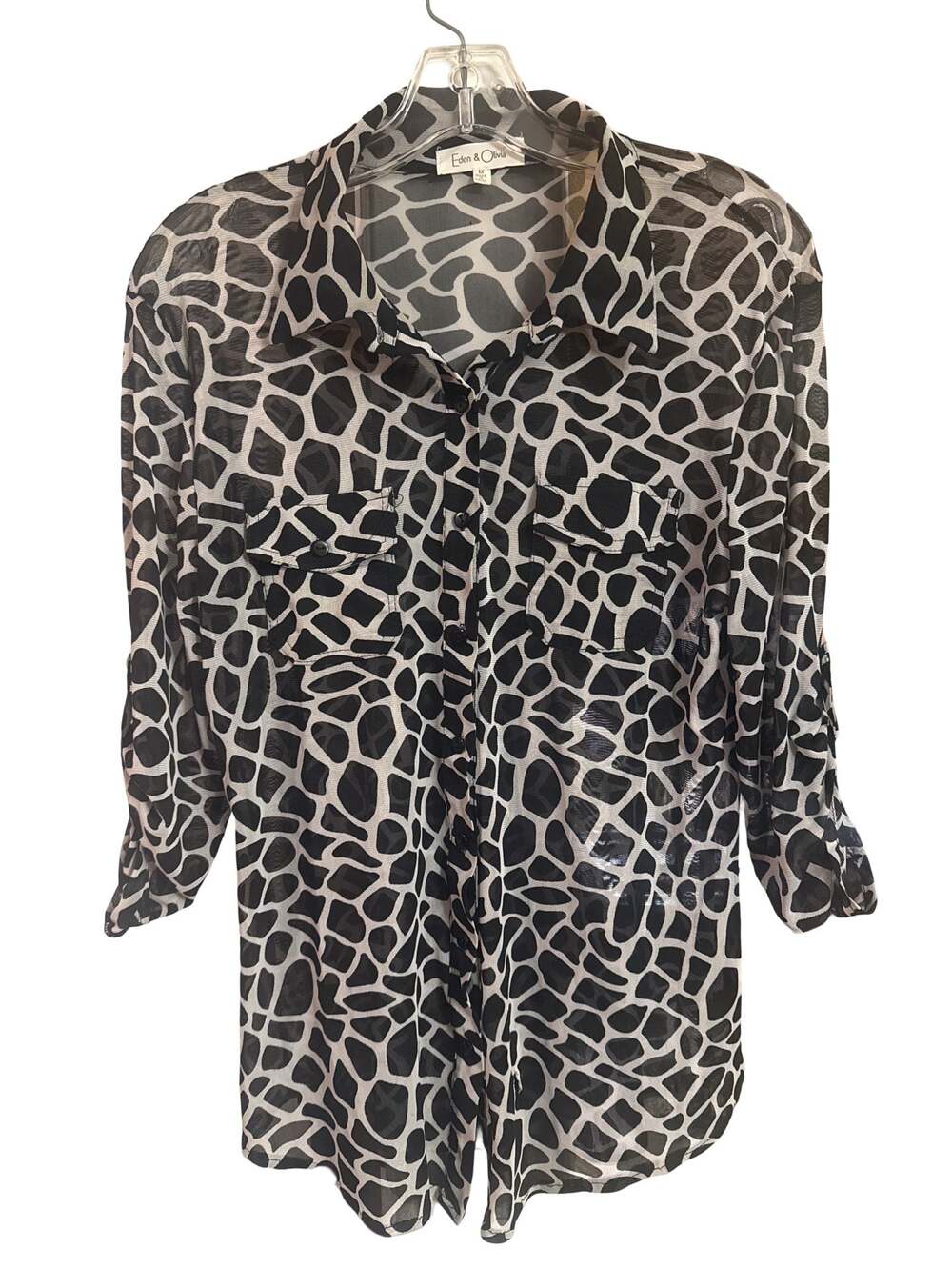 Eden & Olivia Black and White Animal Print Sheer Button Down Shirt Size Medium